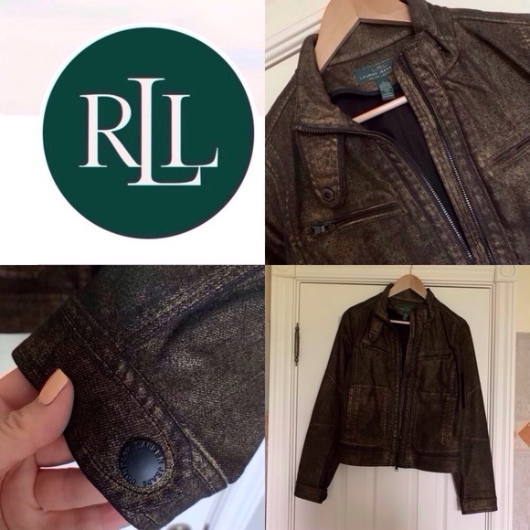 Ralph Lauren Biker Style Cotton Blend Jacket Black/Gold Size L - Picture 1 of 13